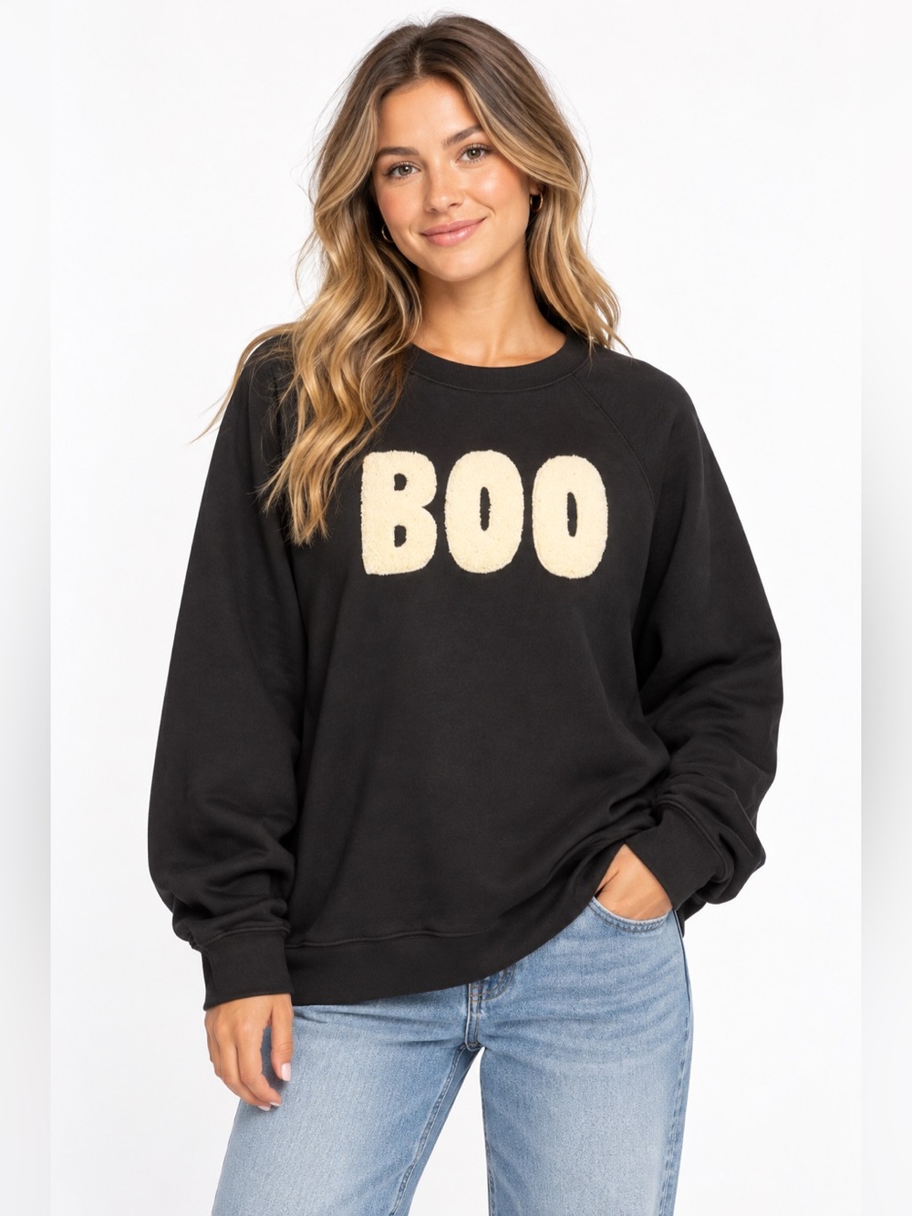 Philosophy Black Crewneck Sweater with Cream 'BOO' Appliqué